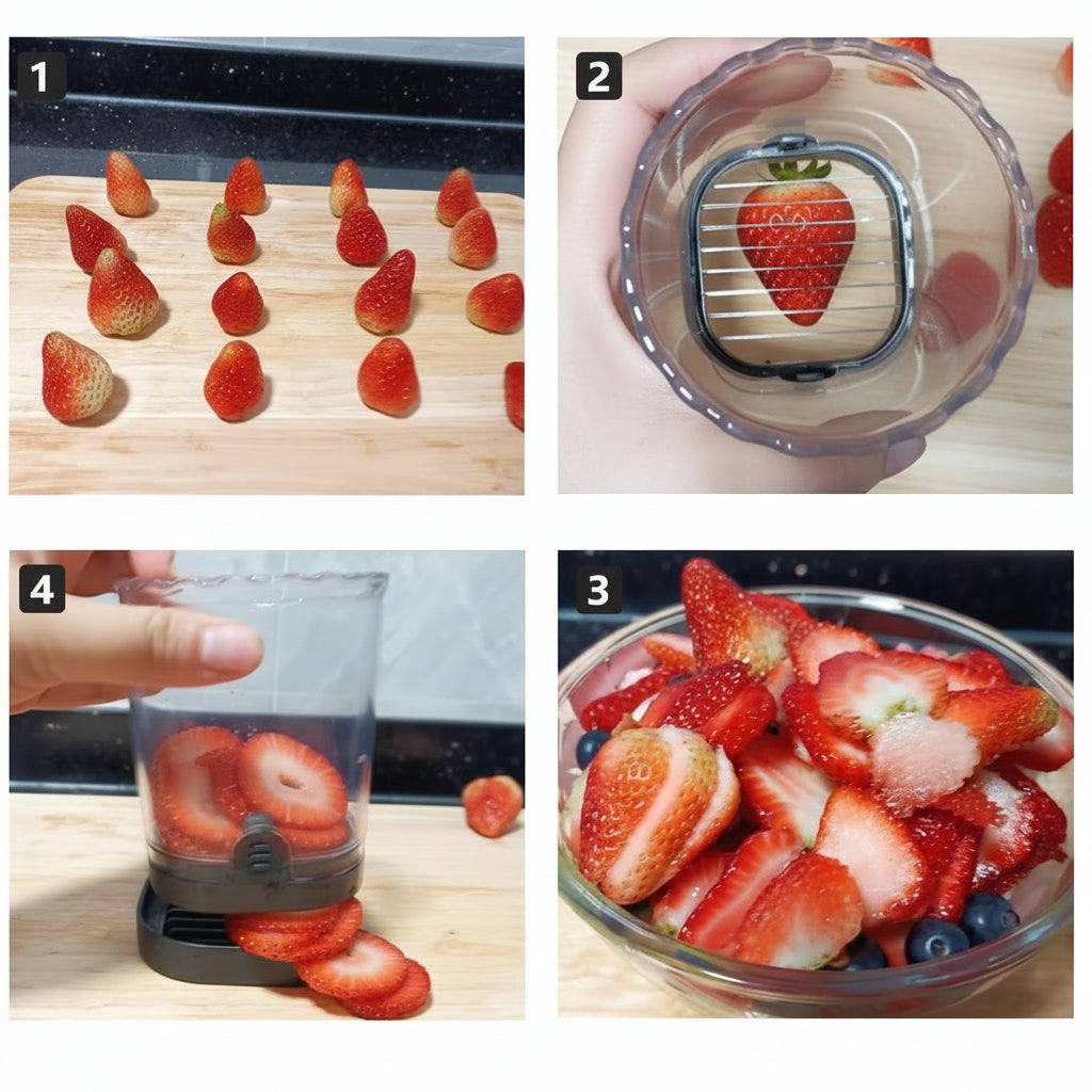 Kráječ jahod Fruit Slicer s 8 čepelemi, snadné použití, na ovocné saláty | Meowbutter