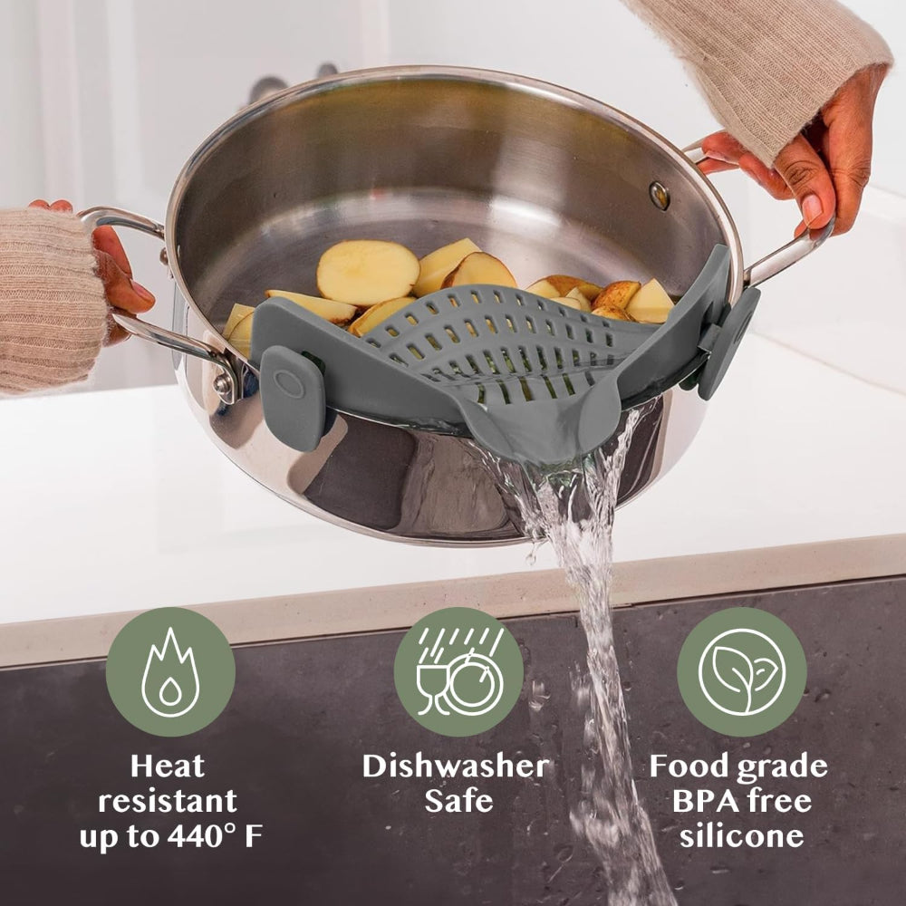 Silicone Clip-On Pot Strainer — Cookware Drain Clamp