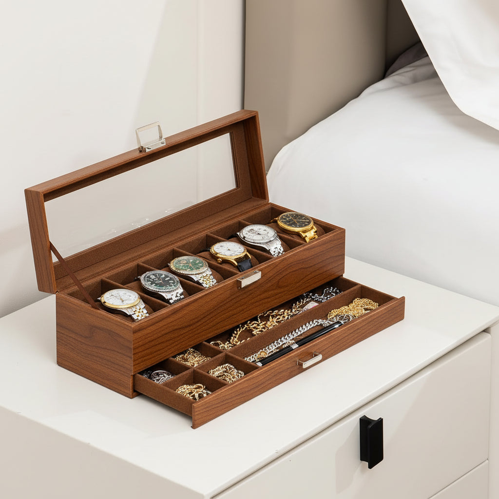 Two-Tier Watch Organizer Case — 6 Slots, Glass Lid, Pull-Out Drawer