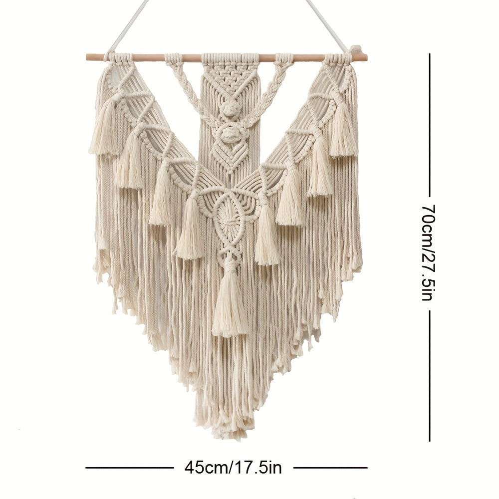 Tapeçaria de parede boémia em macramé — nós feitos à mão e franjas, 70 x 45 cm