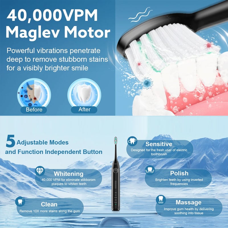 Sonic Electric Toothbrush - 4 Brush Heads & Storage Box - Rechargeable Adult Design | meowbutter