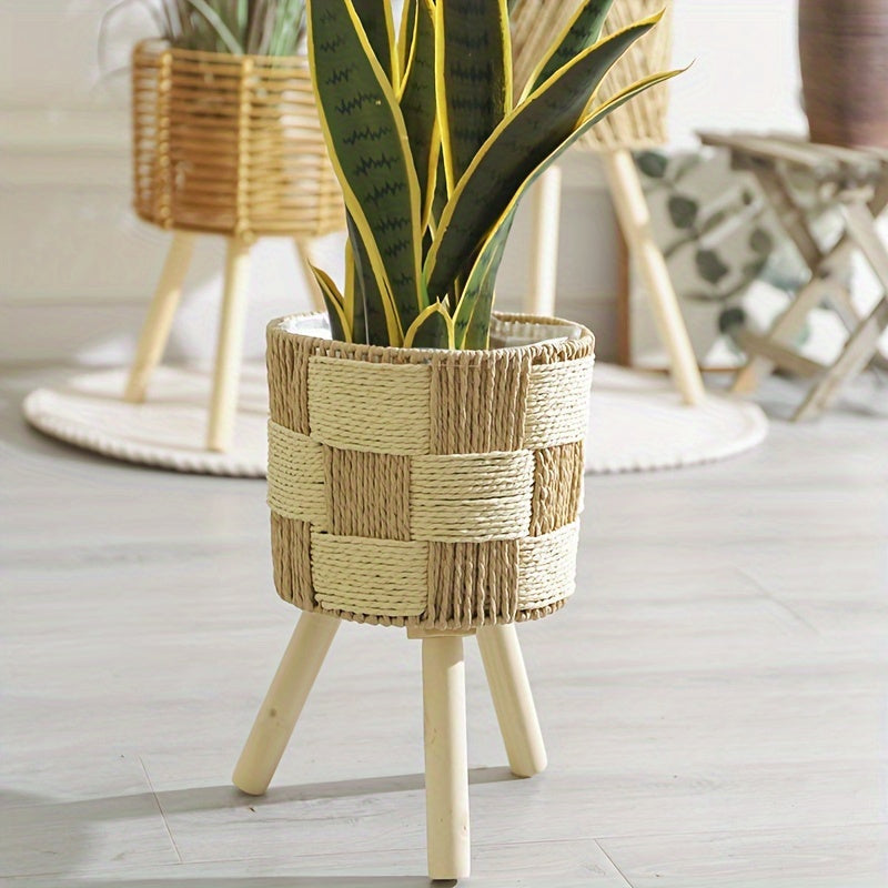 Boho växtställ i vävd bambu — ben i massivt trä