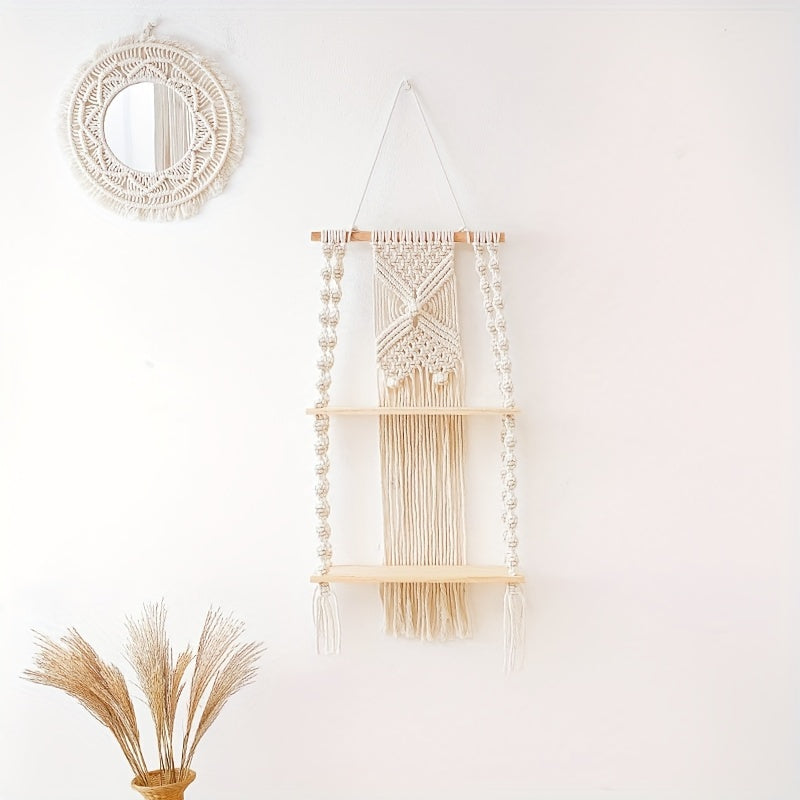 Two Tier Solid Wood Macrame Shelf — Hand Knotted Cotton Storage Rack