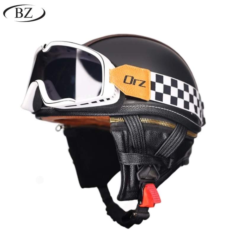 Casco Retro Medio – Acabado Clásico en Cuero con Cubiertas de Orejas Removibles – Aprobado por DOT y ECE - Meowbutter