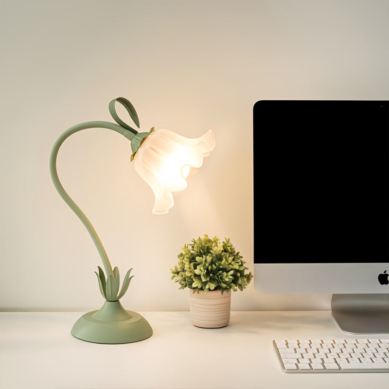 Lampada floreale a fioritura regolabile — alimentata tramite USB, base in ghisa verde, petali in acrilico trasparente