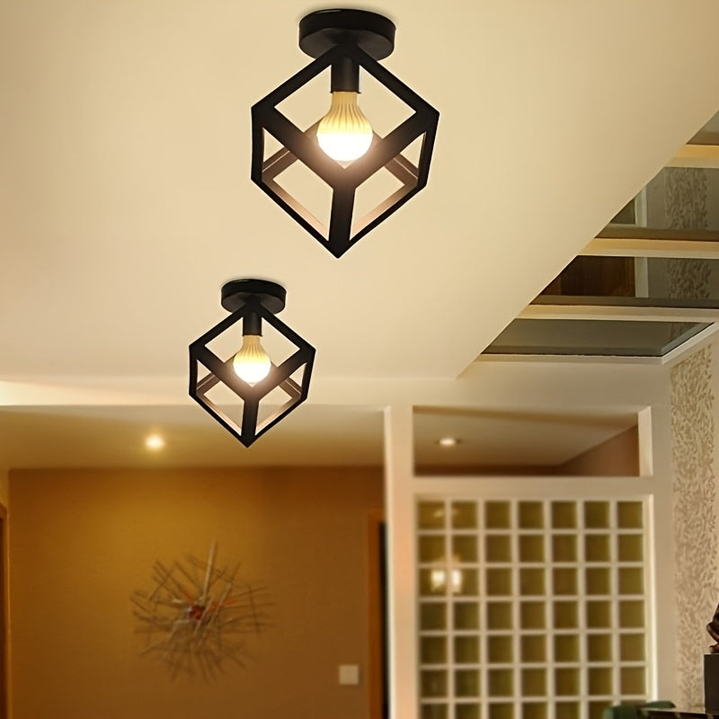 Candeeiro de teto geométrico em forma de cubo, preto mate — Montagem semiembutida, estilo industrial moderno