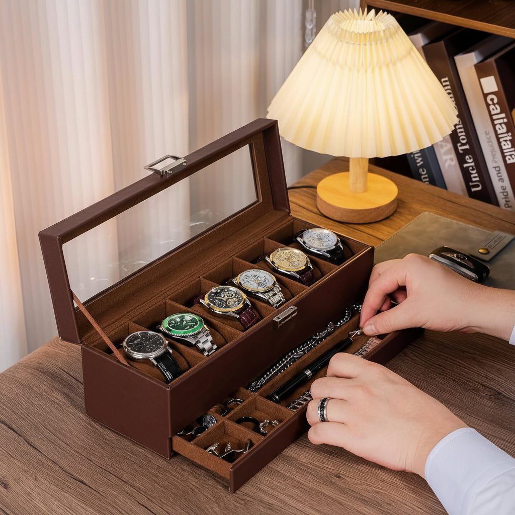 Two-Tier Watch Organizer Case — 6 Slots, Glass Lid, Pull-Out Drawer