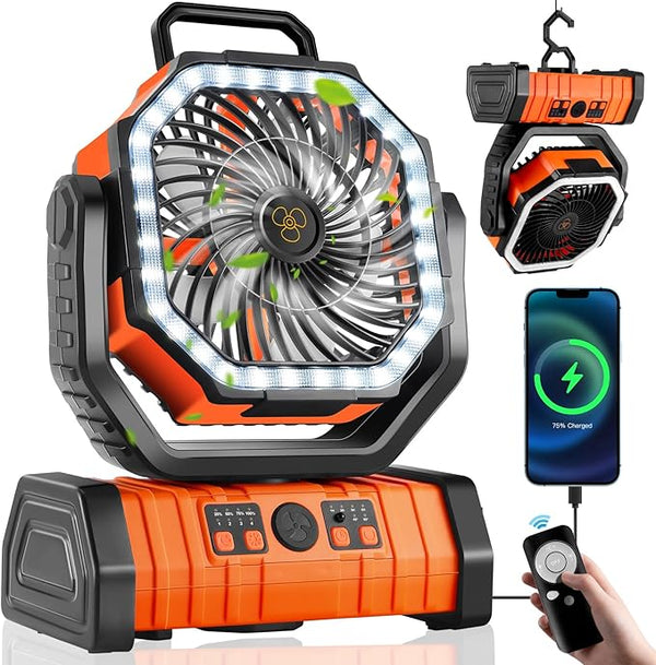 Kempingový ventilátor s LED světlem a powerbankou 20000mAh – USB dobíjecí – zelený a oranžový | meowbutter