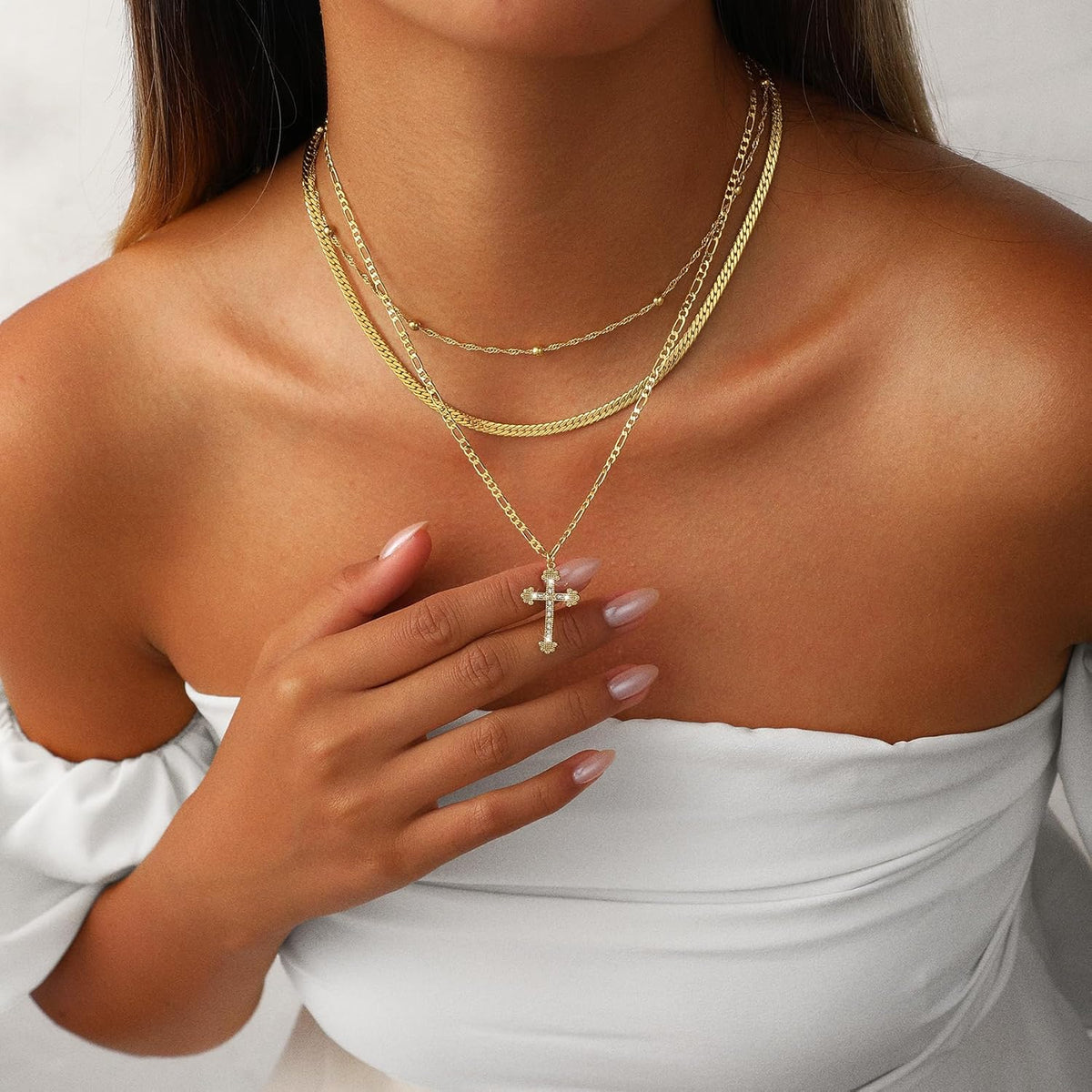 Gold Cross Necklace Layered Pendant Detail
