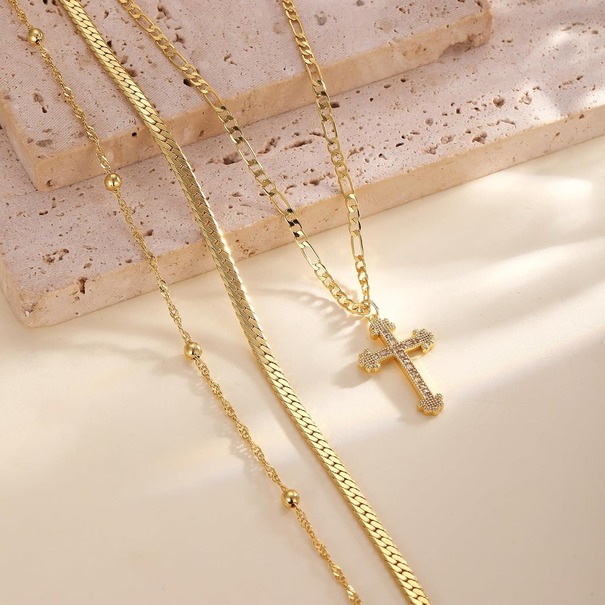 Gold Cross Necklace Layered Pendant Detail