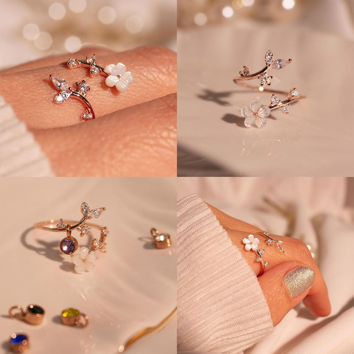 Adjustable Floral Birthstone Ring — Cubic Zirconia Accent Stones