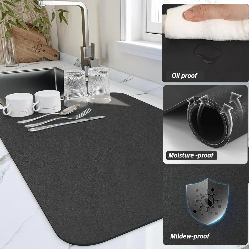 Slim Countertop Kitchen Drying Mat — Rapid-Absorbing Diatomaceous Earth Pad