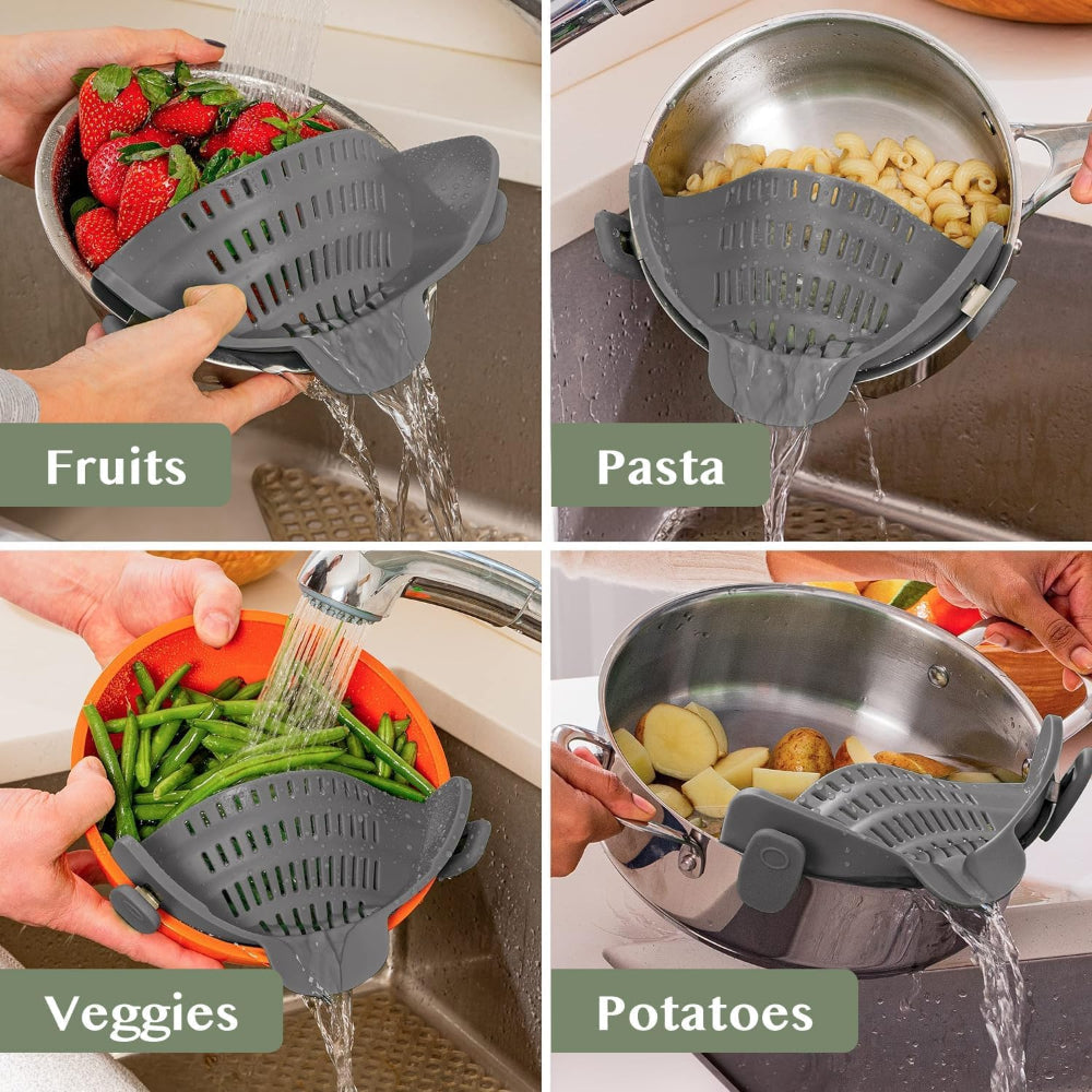 Silicone Clip-On Pot Strainer — Cookware Drain Clamp