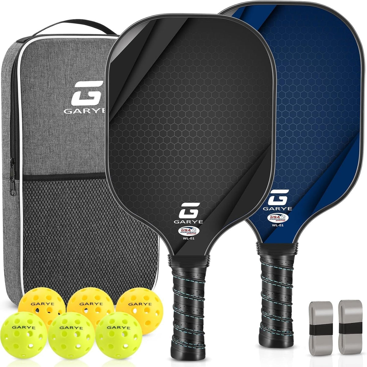 Set de palas ligeras de pickleball — Superficie de grafito, empuñadura acolchada, 2 pelotas