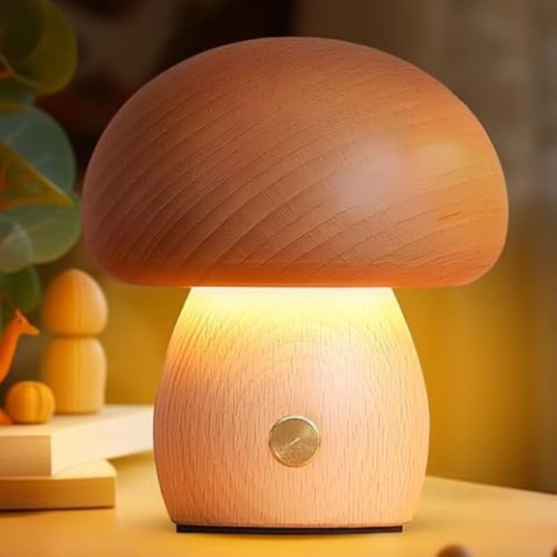 Portobello Mushroom Lamp | Natural Wood Rechargeable Night Light | Meowbutter