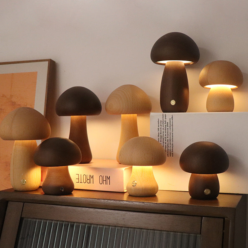 MiraGlow | Wooden Mushroom LED Night Light With Touch Switch | Ambient Mood Lighting | Child-Friendly Lamp