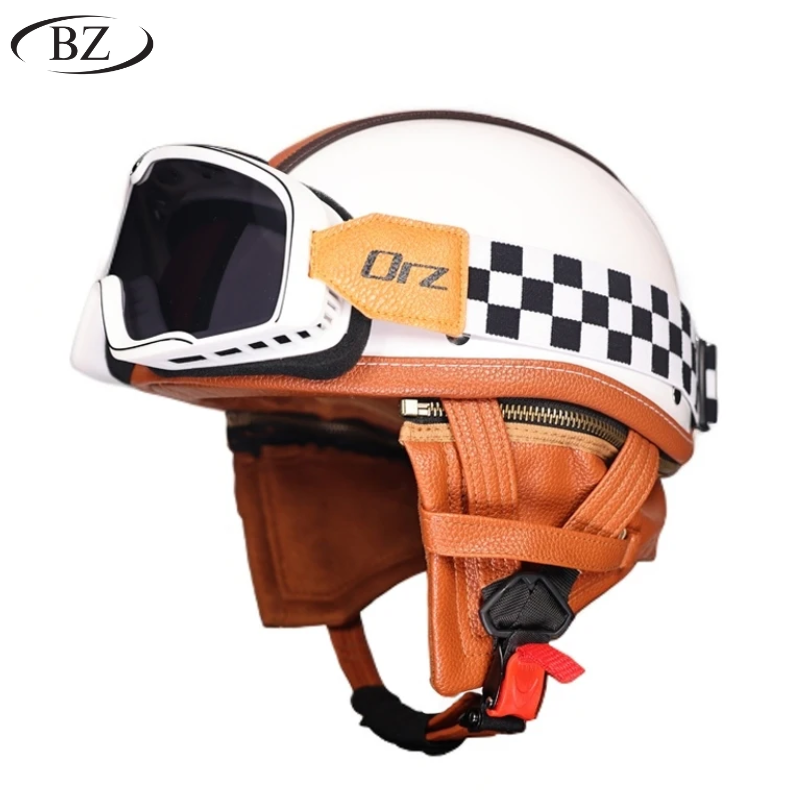 Casco Retro Medio – Acabado Clásico en Cuero con Cubiertas de Orejas Removibles – Aprobado por DOT y ECE - Meowbutter