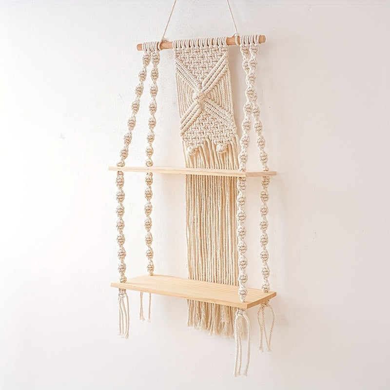 Two Tier Solid Wood Macrame Shelf — Hand Knotted Cotton Storage Rack