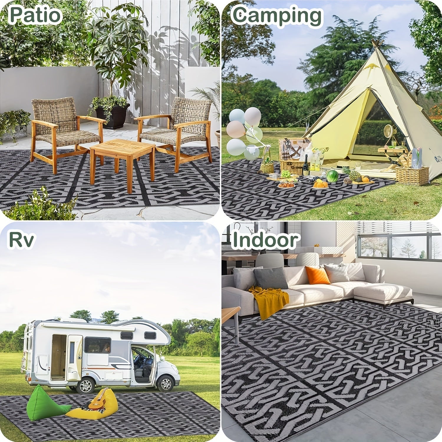 Reversible Outdoor Rug | Black & Grey Modern Patio Mat | Meowbutter
