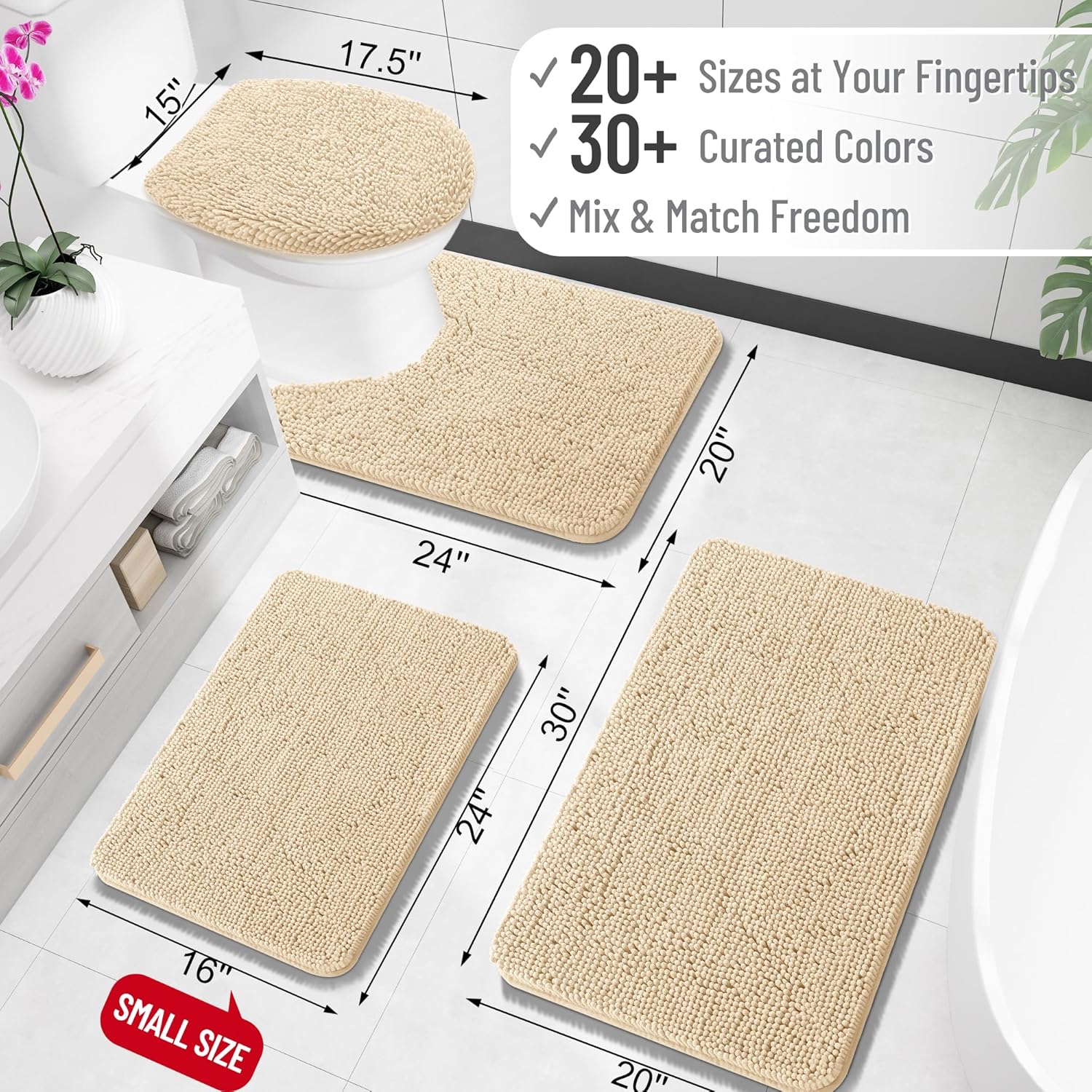 Tappeto da bagno assorbente in ciniglia — superficie soffice, retro testurizzato antiscivolo
