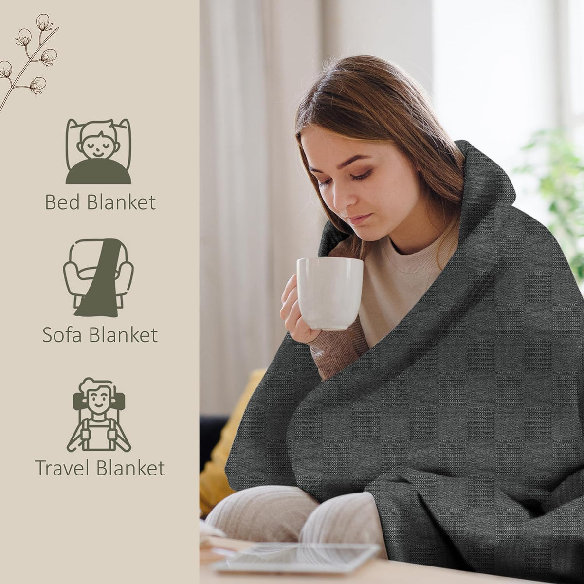 שמיכת כותנה 100% אפורה מבית Cozy Haven — 350 GSM, אריגה קלילה