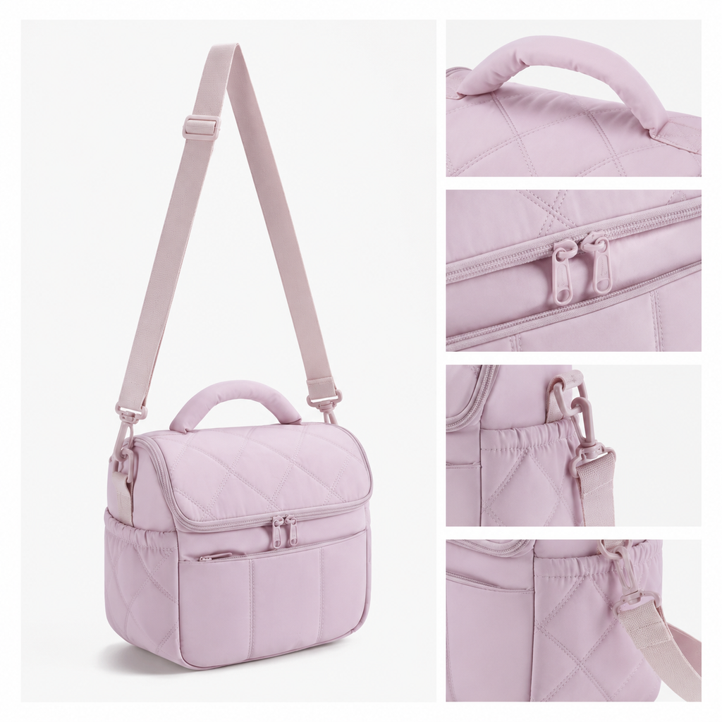 Insulated Lunch Bag - Quilted Nylon - Shoulder Strap - Temperature Control - Black & Pink | meowbutter