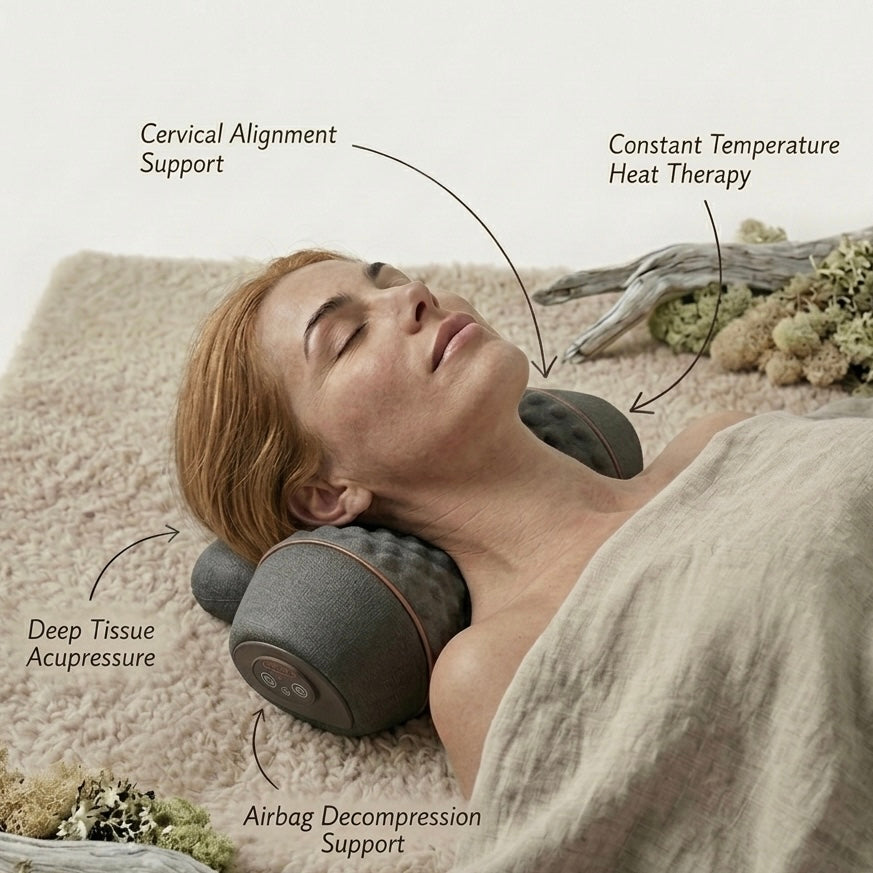 Almohada de masaje cervical - Terapia de calor a 42°C - Vibración de tejido profundo - Descompresión de aire - Gris | meowbutter