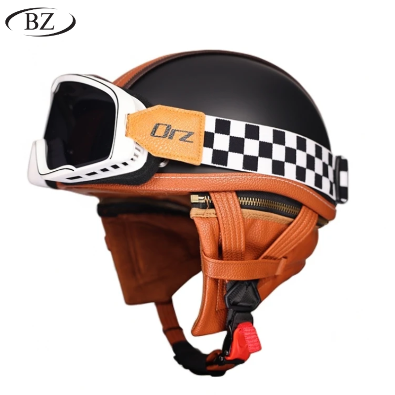 Casco Retro Medio – Acabado Clásico en Cuero con Cubiertas de Orejas Removibles – Aprobado por DOT y ECE - Meowbutter
