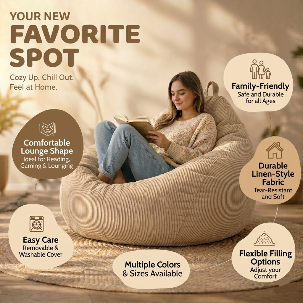 Removable Linen-Look Slipcover for Unfilled Bean Bag Floor Lounger