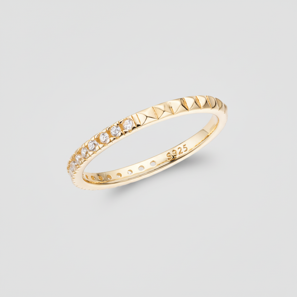 925 Sterling Silver Geometric Stacking Ring — Embedded Cubic Zirconia Stones