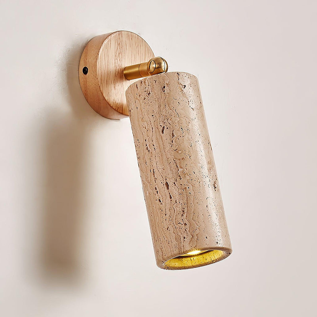 Natural Wood Wall Light With Adjustable Shade And Travertine For Indoor Outdoor Use
