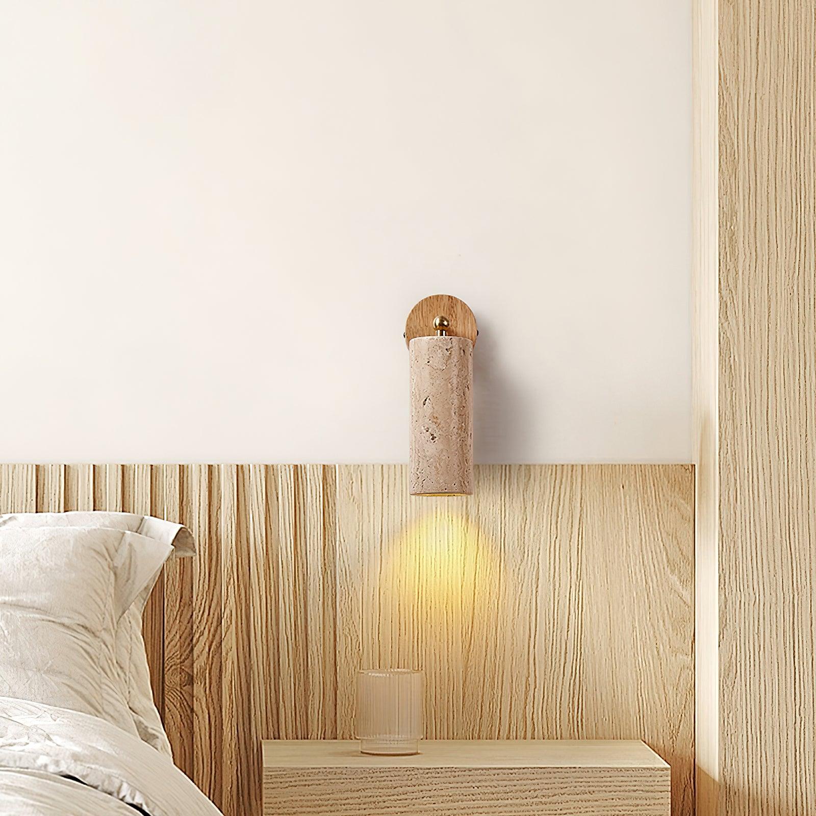 Natural Wood Wall Light With Adjustable Shade And Travertine For Indoor Outdoor Use