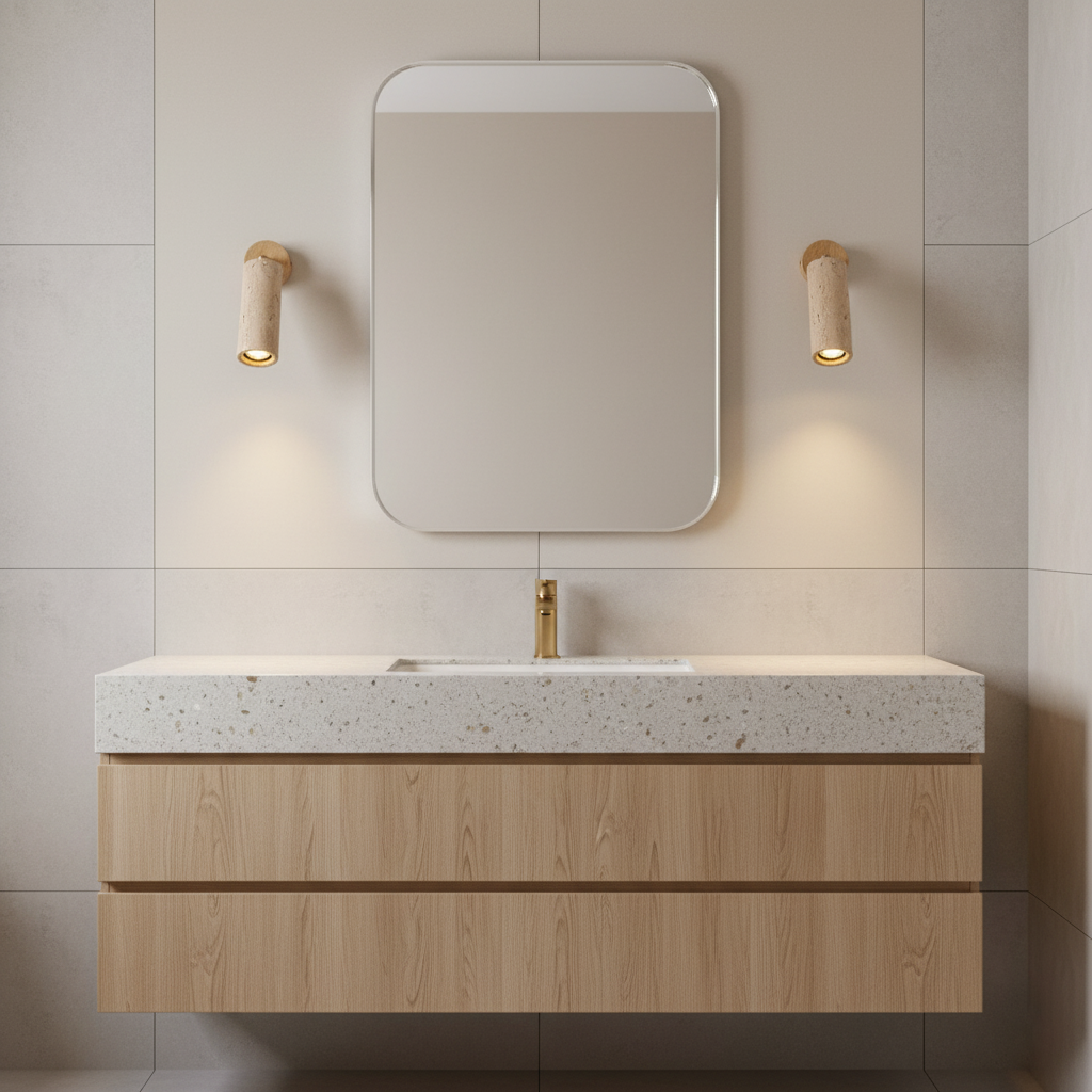 Natural Wood Wall Light With Adjustable Shade And Travertine For Indoor Outdoor Use