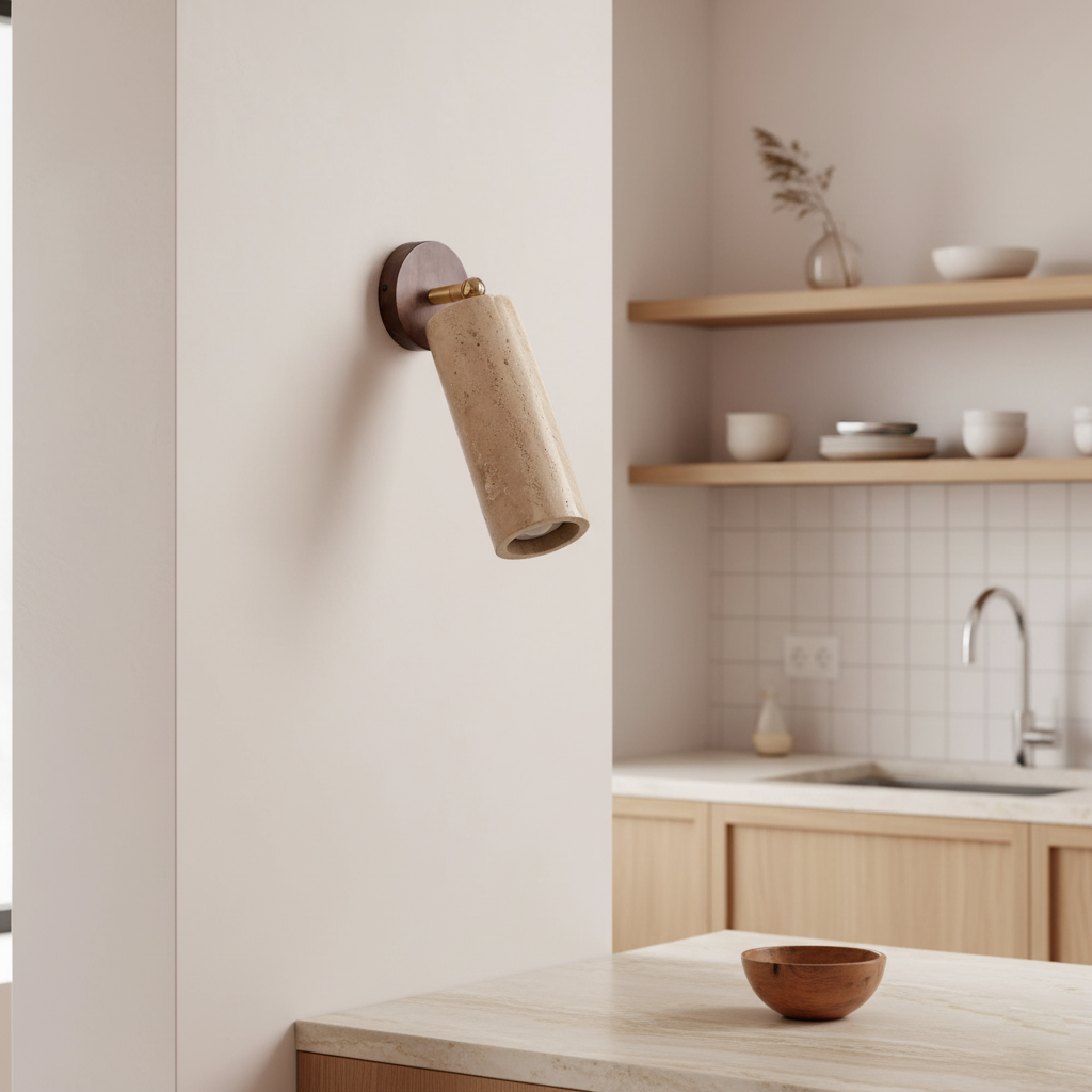 Natural Wood Wall Light With Adjustable Shade And Travertine For Indoor Outdoor Use