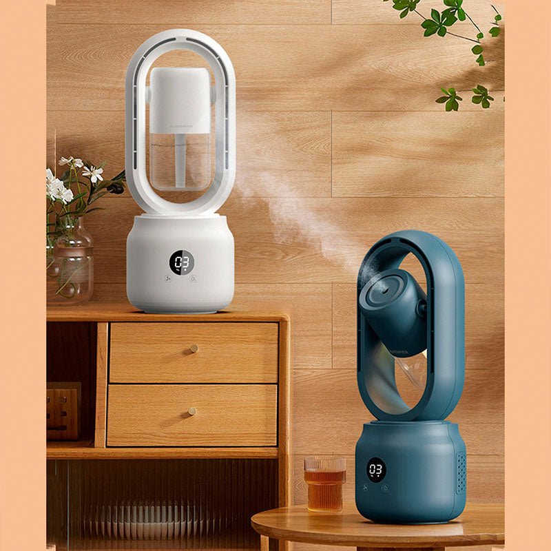 AeroBreeze Halo vezeték nélküli ventilátor — lapát nélküli, beépített párásítóval, hangulatos éjszakai fénnyel