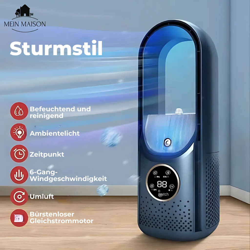 Ventoinha USB AirCooler — Design sem lâminas, controlo de 6 velocidades, temporizador integrado, humidificação silenciosa