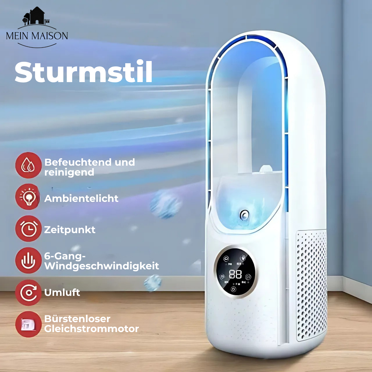 Ventoinha USB AirCooler — Design sem lâminas, controlo de 6 velocidades, temporizador integrado, humidificação silenciosa