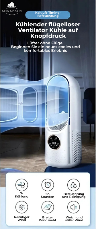 Ventoinha USB AirCooler — Design sem lâminas, controlo de 6 velocidades, temporizador integrado, humidificação silenciosa