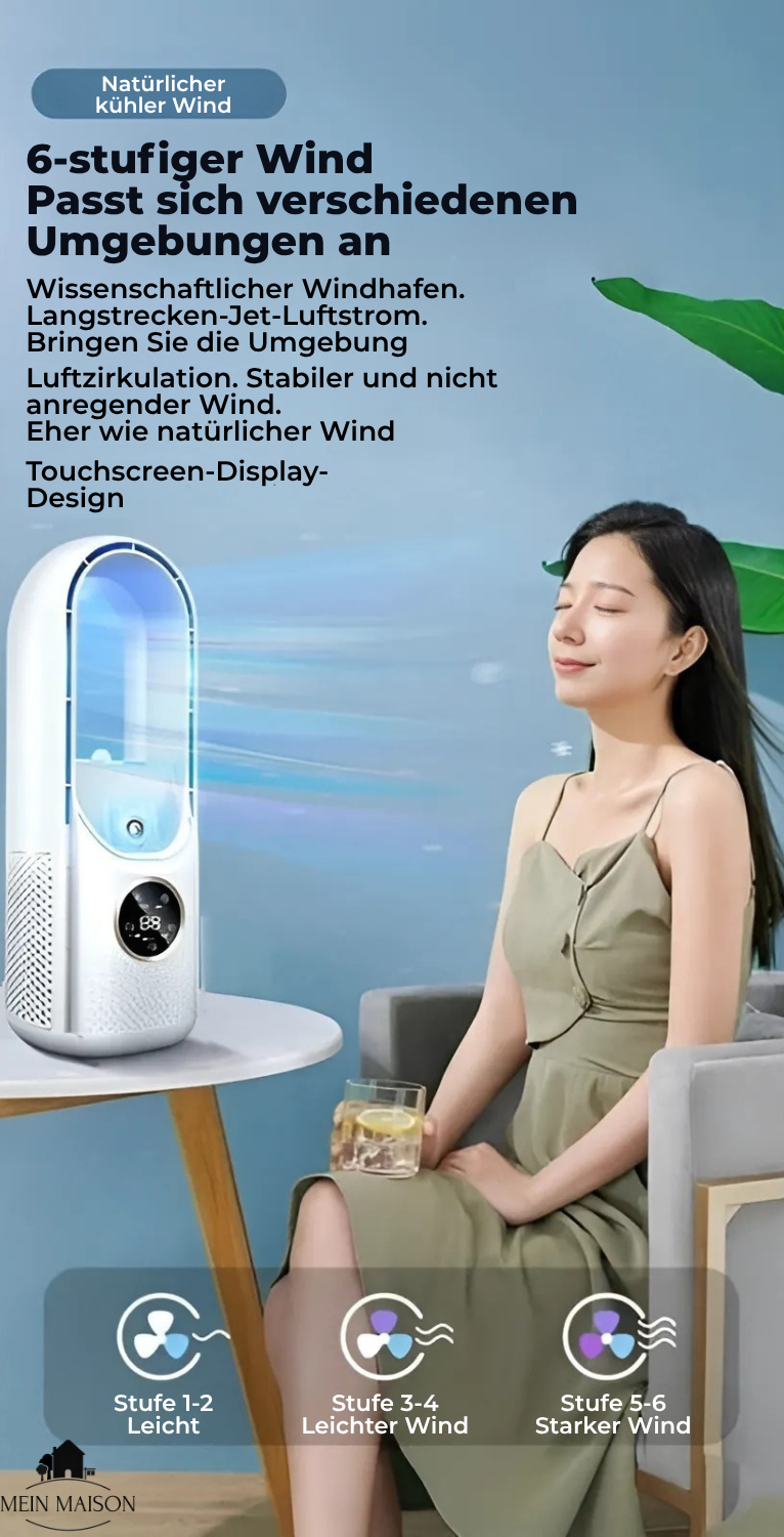 Ventoinha USB AirCooler — Design sem lâminas, controlo de 6 velocidades, temporizador integrado, humidificação silenciosa