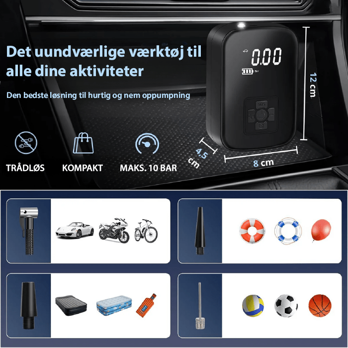 Kompaktowa elektryczna pompka powietrza AirSwift Pro — lampka LED, wiele dysz, 10 barów
