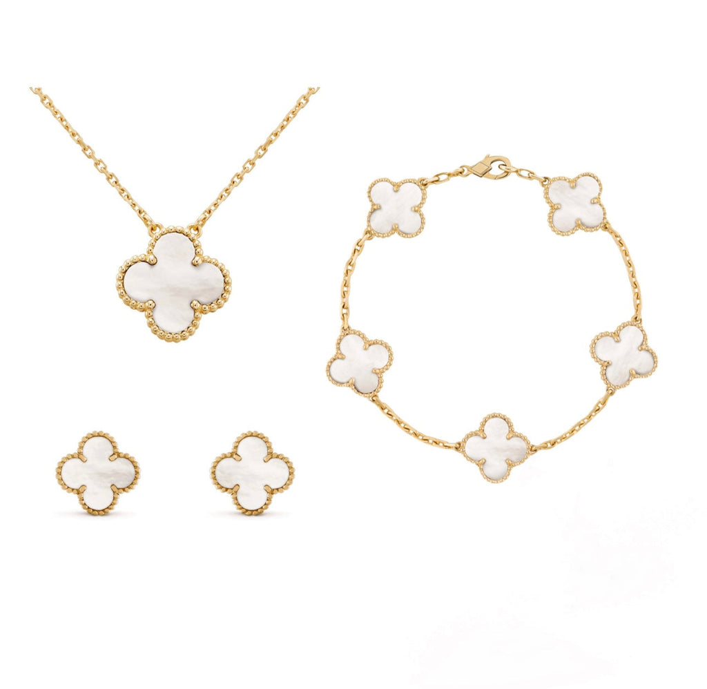 Bernsteinfarbenes Kleeblatt-Schmuckset — Verstellbare Drei-in-einem-Kette, Armband und Ohrringe