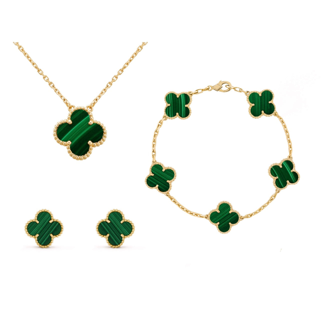 Bernsteinfarbenes Kleeblatt-Schmuckset — Verstellbare Drei-in-einem-Kette, Armband und Ohrringe