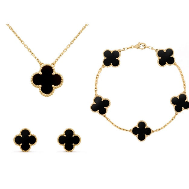 Bernsteinfarbenes Kleeblatt-Schmuckset — Verstellbare Drei-in-einem-Kette, Armband und Ohrringe