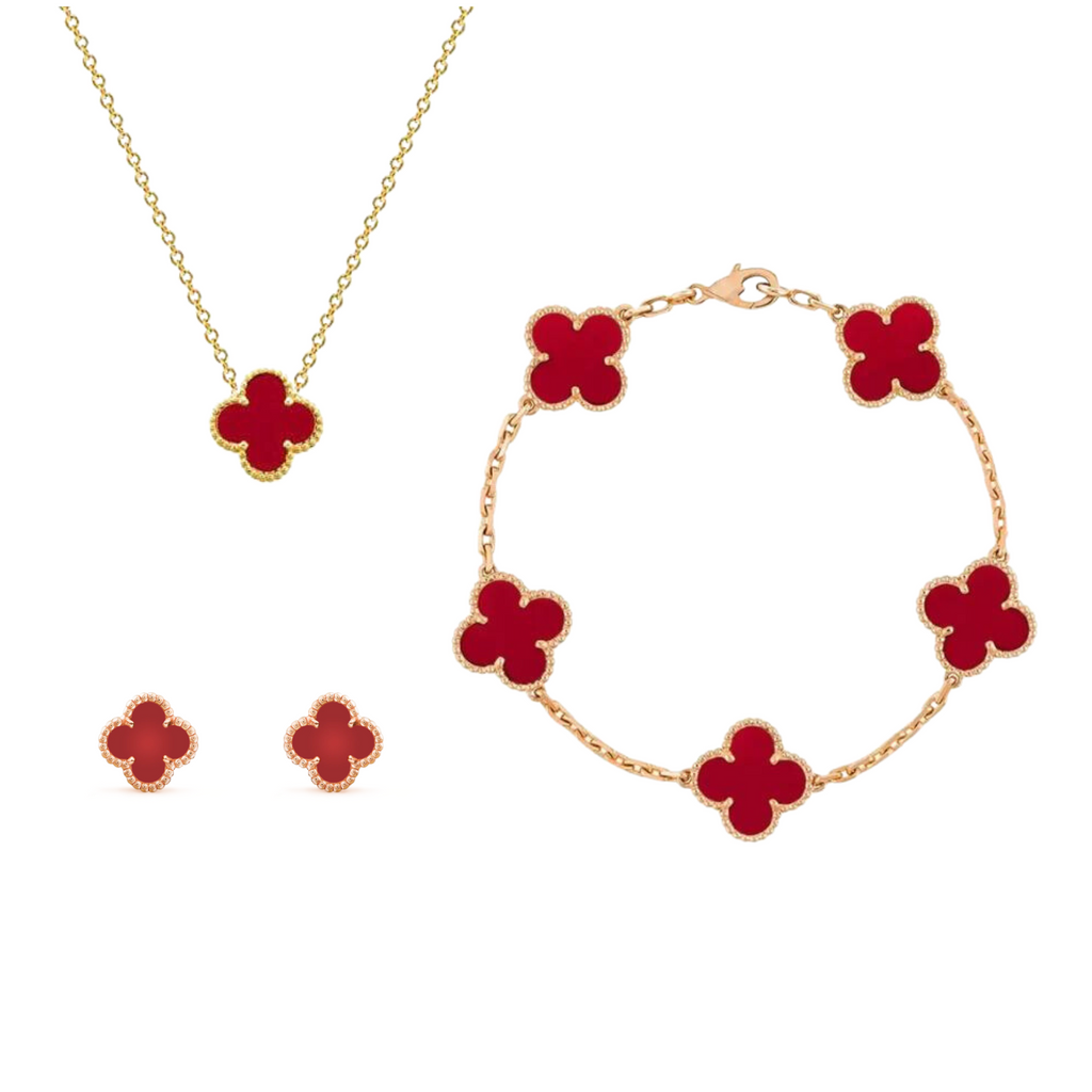 Bernsteinfarbenes Kleeblatt-Schmuckset — Verstellbare Drei-in-einem-Kette, Armband und Ohrringe
