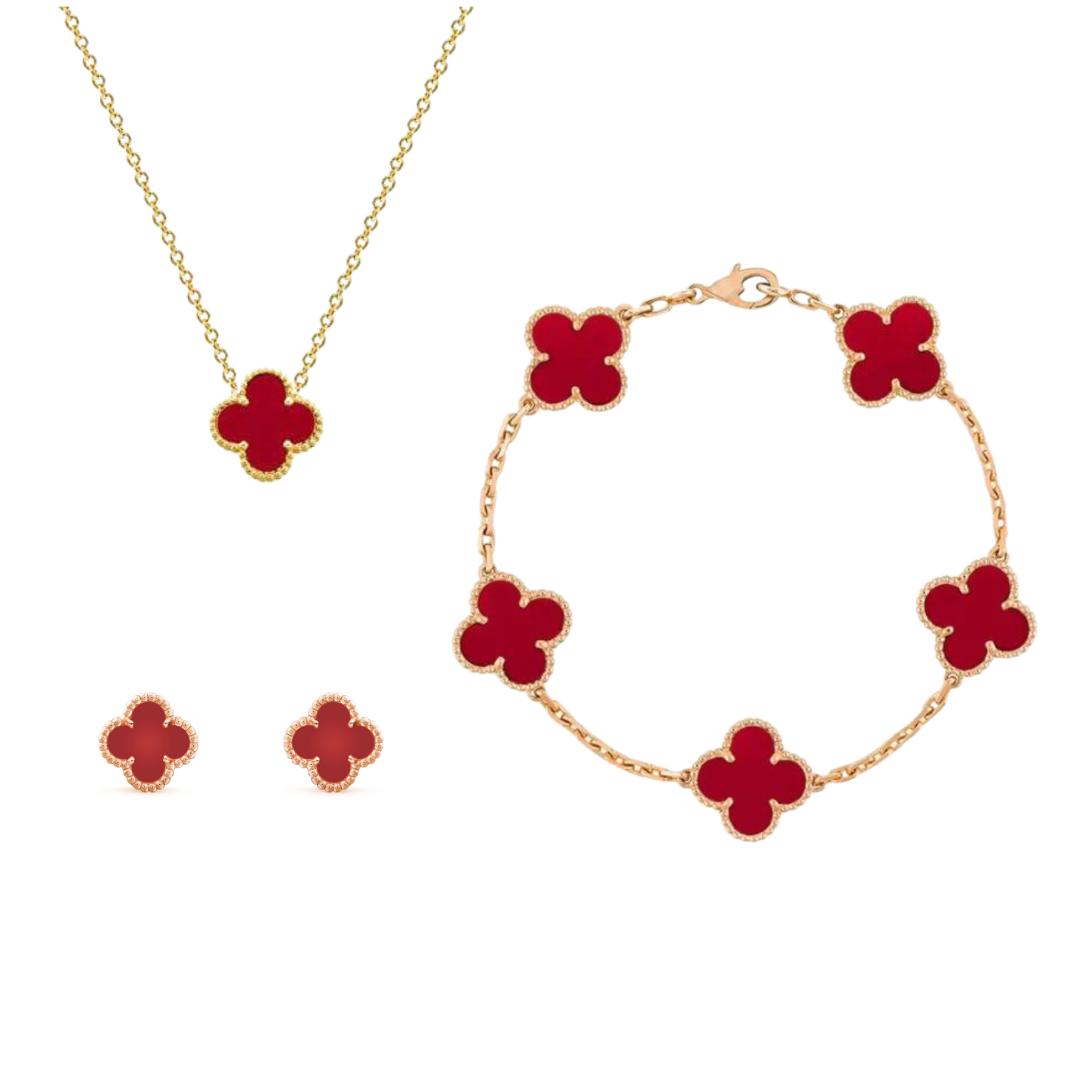 Bernsteinfarbenes Kleeblatt-Schmuckset — Verstellbare Drei-in-einem-Kette, Armband und Ohrringe