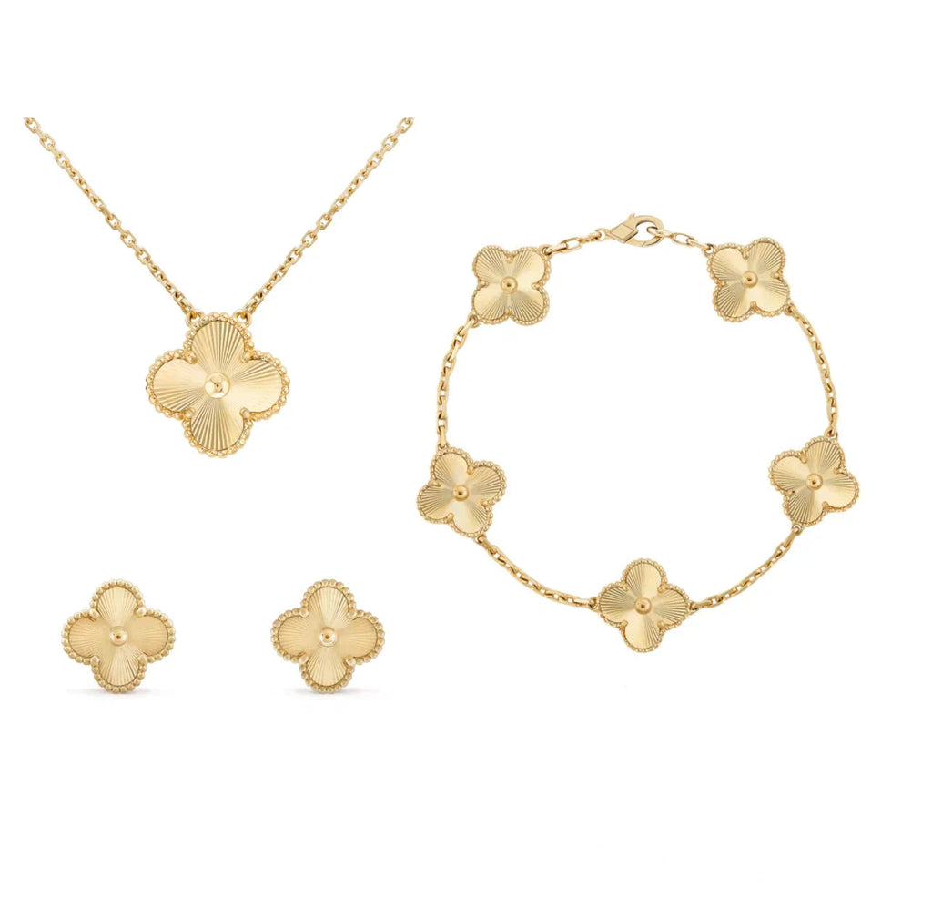 Bernsteinfarbenes Kleeblatt-Schmuckset — Verstellbare Drei-in-einem-Kette, Armband und Ohrringe