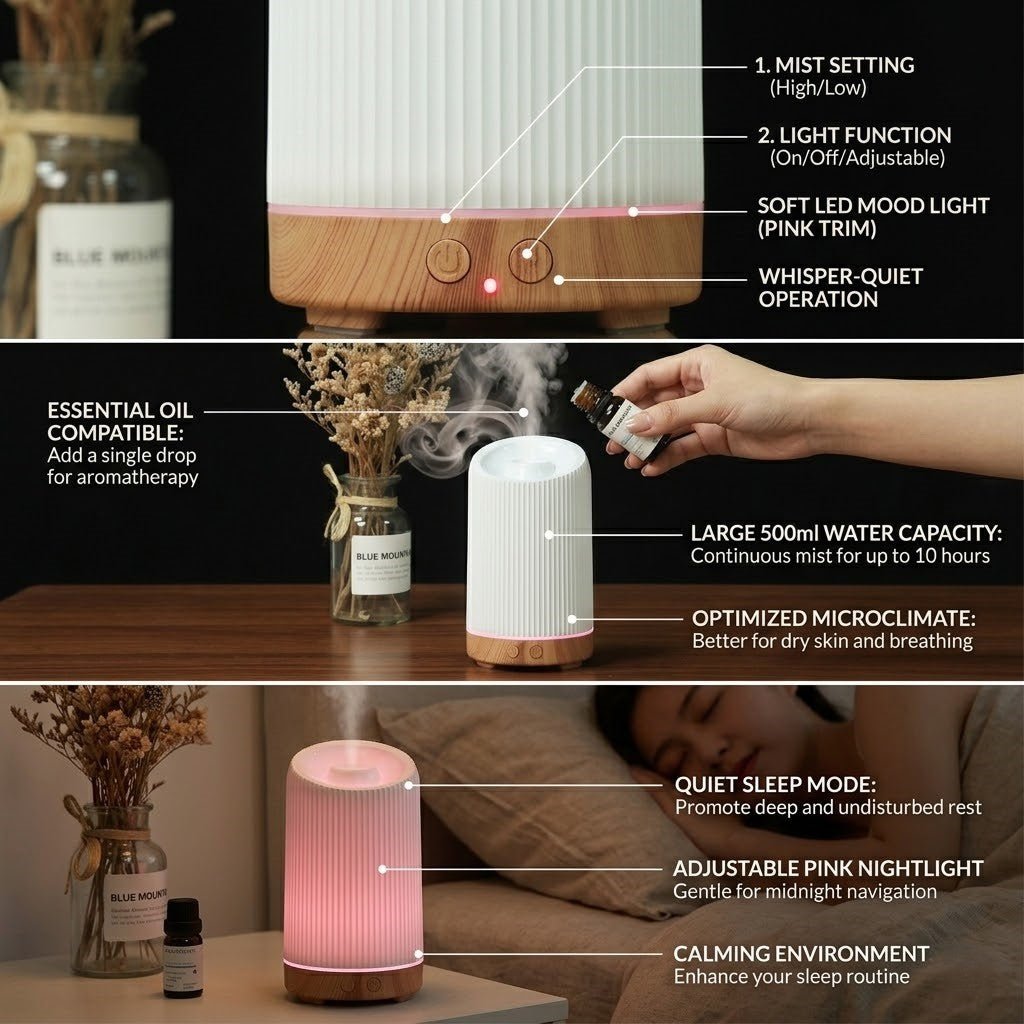 Humidificador y Difusor de Niebla Fría - 100ml - 36dB - Más de 8 horas - Control Remoto - Blanco y Textura de Madera | meowbutter