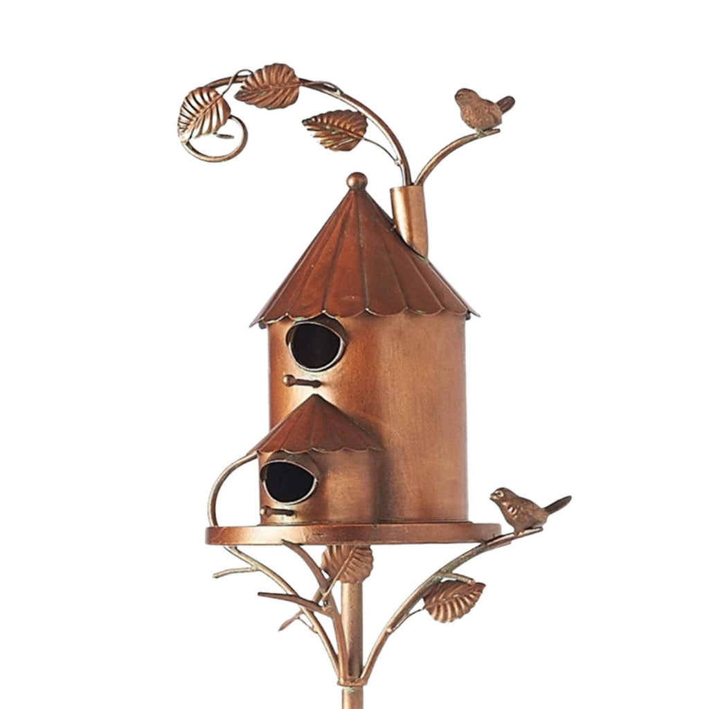 Decorațiune artistică de grădină cu căsuță metalică pentru păsări — înălțime de 75 cm, rezistentă la rugină și la razele UV