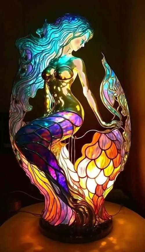 Art Nouveau Stained Glass Table Lamp — Animal Silhouettes, Warm Ambient Glow, Plug-In Design, Multicolor
