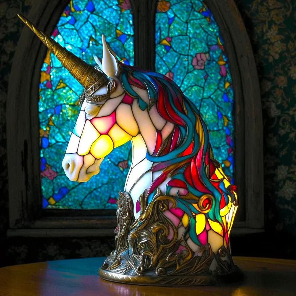 Art Nouveau Stained Glass Table Lamp — Animal Silhouettes, Warm Ambient Glow, Plug-In Design, Multicolor